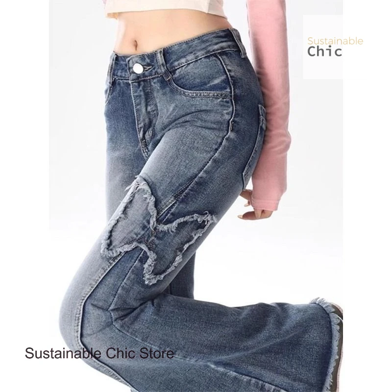 American high street retro spice butterfly embroidery micro-la jeans women's summer new plus size women's slim wide-leg pants