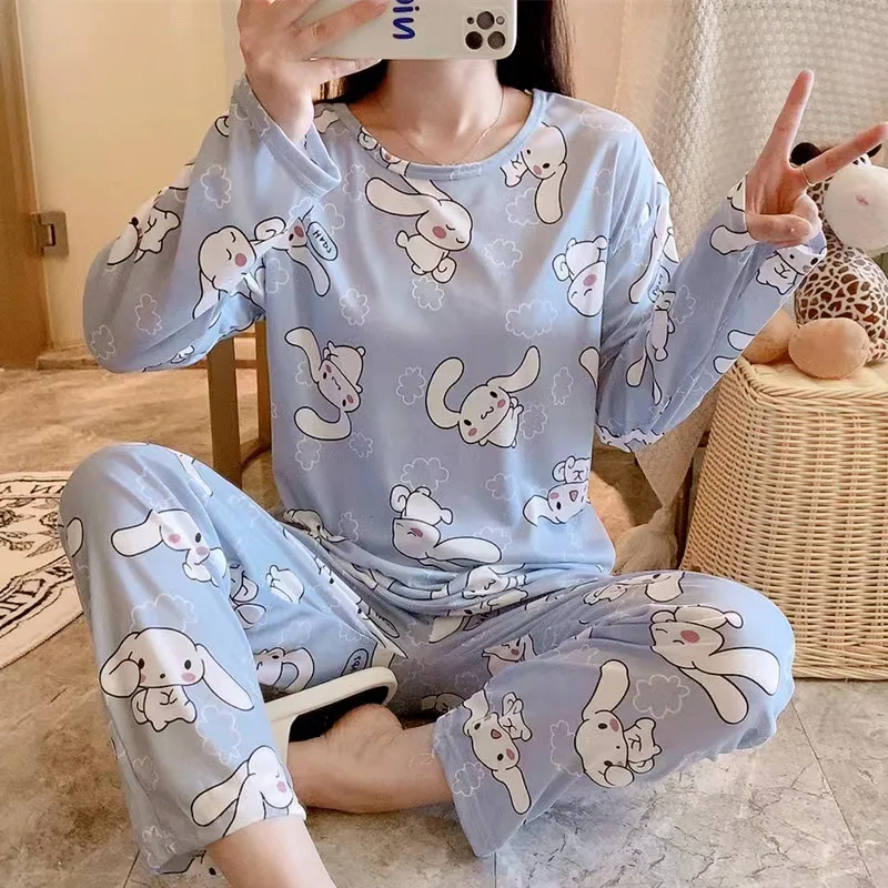 Conjunto de pijama Kuromi Cinnamoroll para mujer, ropa de dormir con estampado completo de dibujos animados, pantalones finos de manga larga, ropa de casa Kawaii, 2 uds.