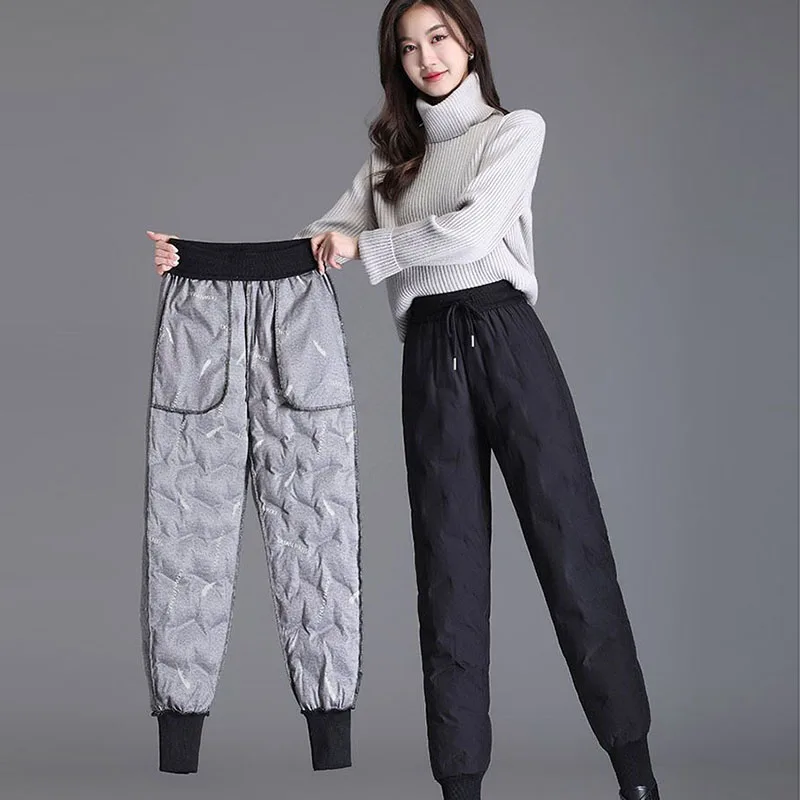 

90% White Duck Down Casual Fashion Pants Female 2023 New Winter Lace-up Pants High Waist Slim Thicken Warm Women Down Trousers