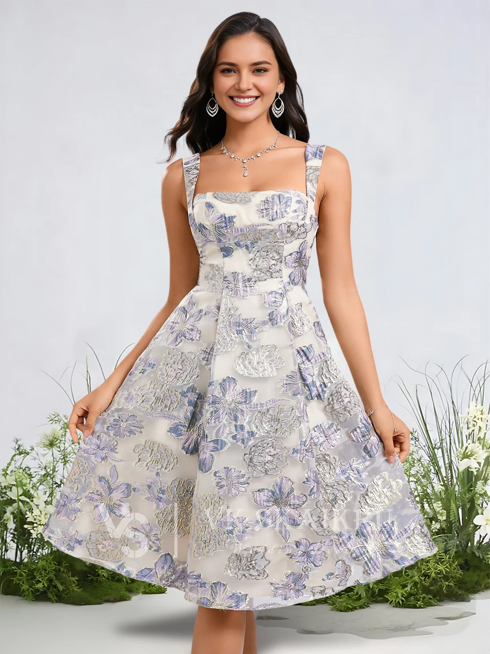 A를 입력하세요 ​ 2025년 우아한 A라인 스퀘어 넥 자카드 무릎 길이 드레스, 블루 플로럴 프린트 홈커밍 드레스, 보우 디테일, 프롬/칵테일 드레스