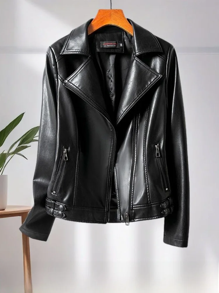 

Женская кожаная куртка Ning из натуральной кожи, короткий рукав, весна-осень 2025, новая модная модель, приталенный крой, корейский стиль, большие размеры