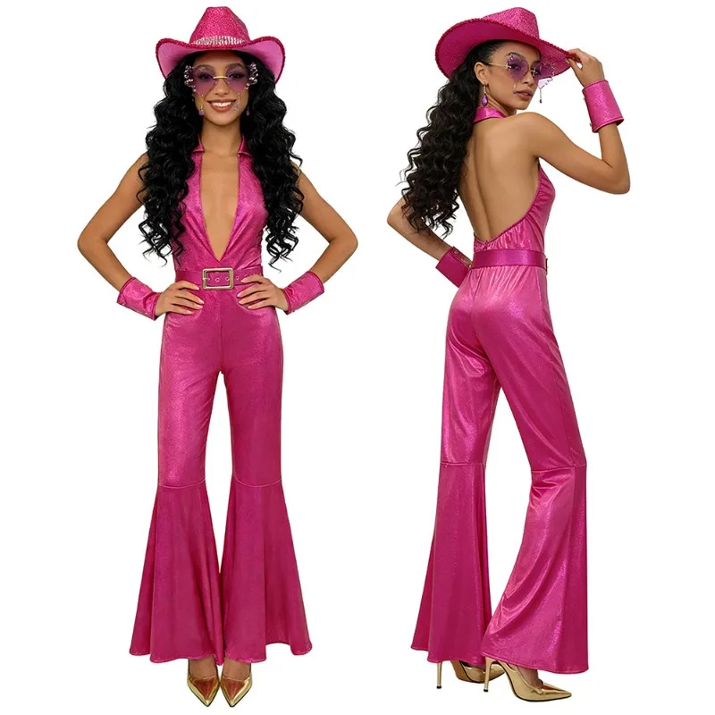 

Retro Disco Costume Hip-hop Style Pink Jumpsuit Bell-bottom Pants with Accessories for Women Masquerade Ball Outfits