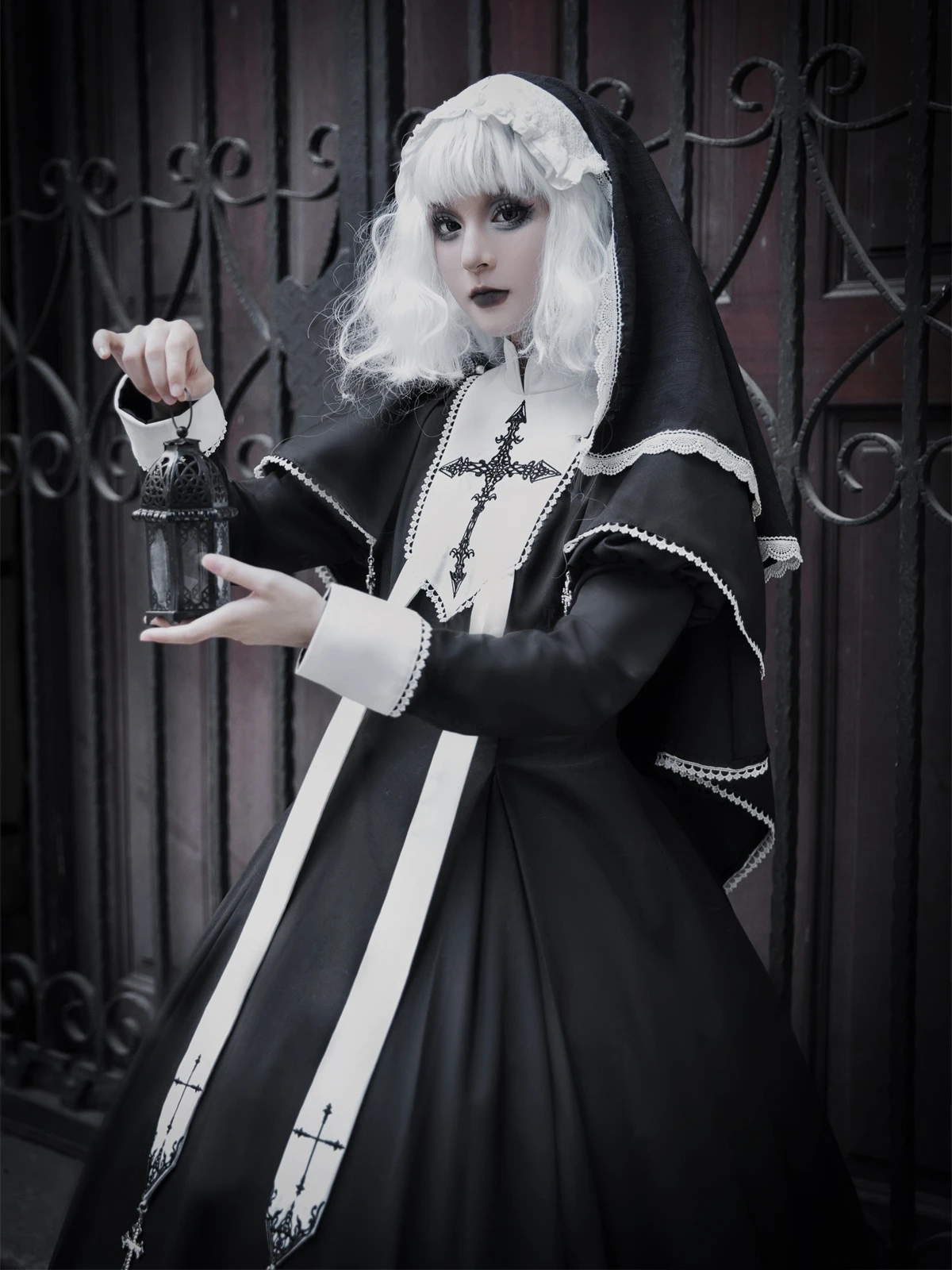 Halloween Women Sexy Nun Cosplay Dress Gothic Church Nun Cross Embroidery Fake Two-piece Lolita Dresses Carnival Party Dress Up