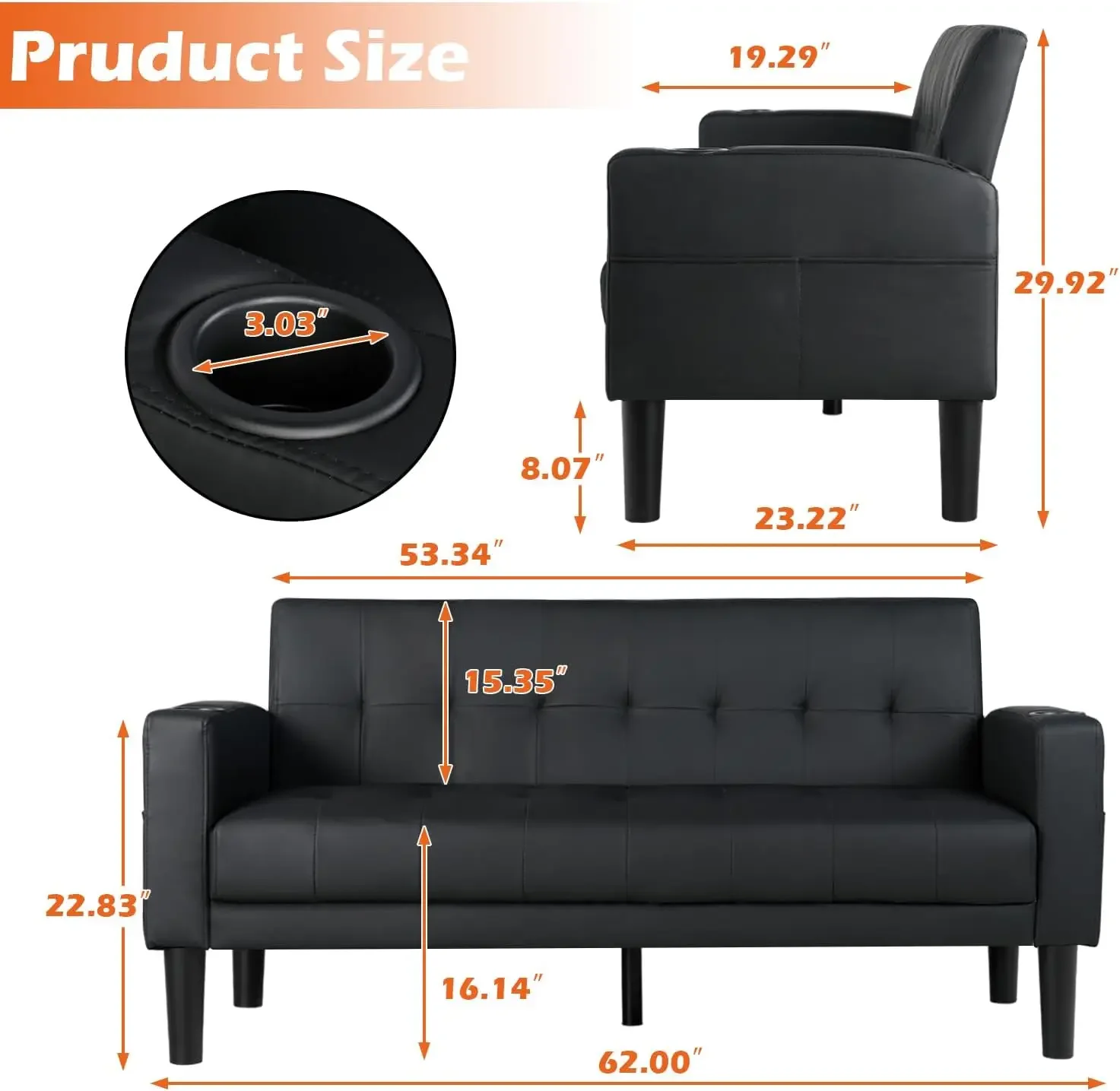 62'' Black faux Leather Tufted Upholstery Loveseat for Living Room | Small Sofa with 2 USB Port, Cup Holders, Side Pocket, Mid C