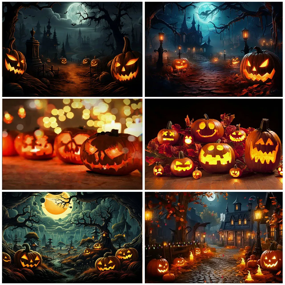 

Halloween Horror Castle Forest Scary Moon Night Pumpkin Cemetery Backdrop Family Party Decorations Photo Studio Background