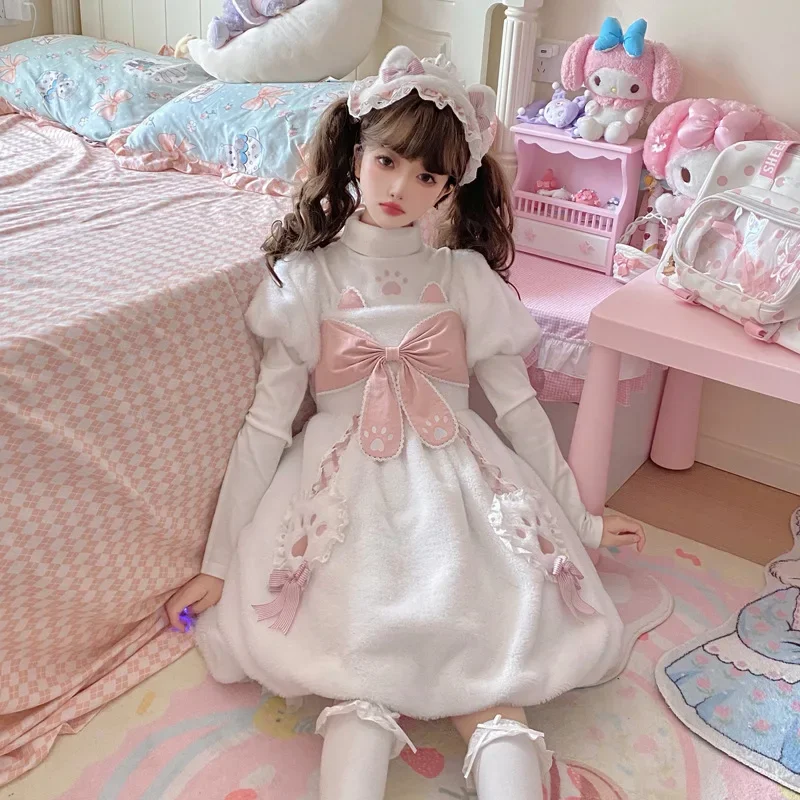 Meow Planet ~ Sweet Winter Lolita Dress Thick Warm Plush Short Sleeve Bubble Dress by Yomi 2025
