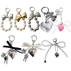 Delicate Beaded Key Chain Handmade Bow Shaped Keyring Heart Keychain Ornament Pearl Decoration for Bags and Phones