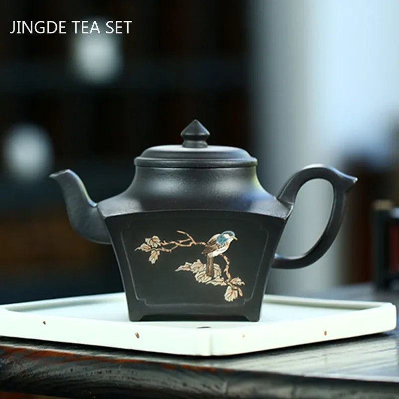 

Yixing Zisha Hand-painted Teapot Black Mud Quartet Elegant Rhyme Purple Clay Tea Pot Chinese Handmade Tea Maker Teaware 230ml