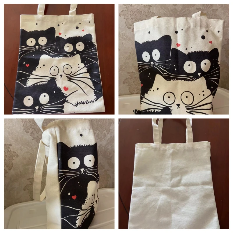 Andeiltech Canvas Tote Bag for Women Aesthetic Cute Cat Shopping Grocery Reusable School with Inner Zipper Girl Gift