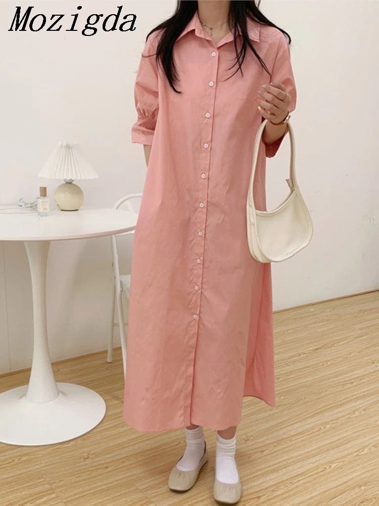 Robe chemise longue à volants plissés pour femmes, style coréen, robes pour femmes, mode décontractée, demi manches, rose, été