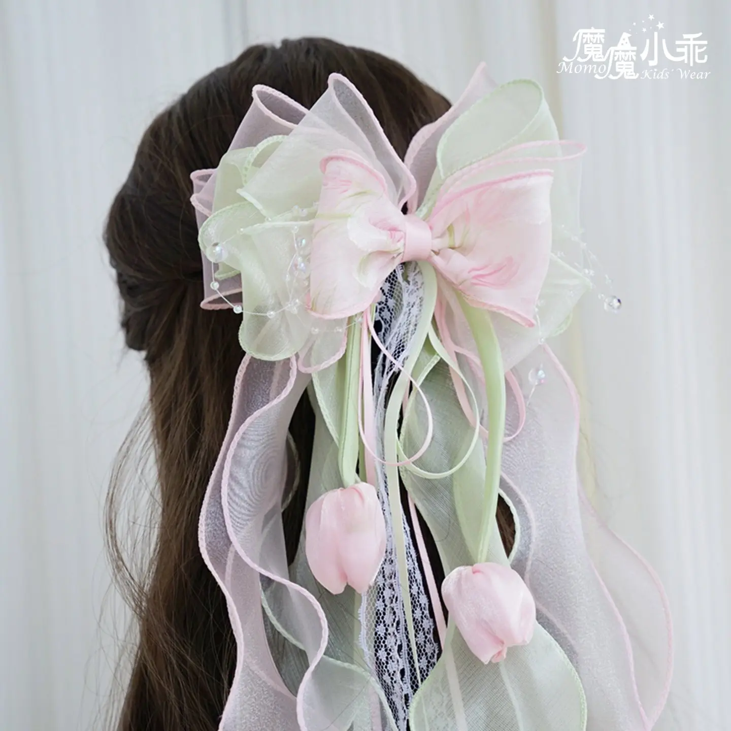 Girls' Pink-Green Tulip Bow Hair Clip Original Chinese-Style Fairy