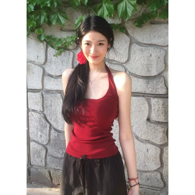 

Summer 2025 Vintage Wine Red Suspender Square Neck Hanging Neck Spicy Girl Vest Top