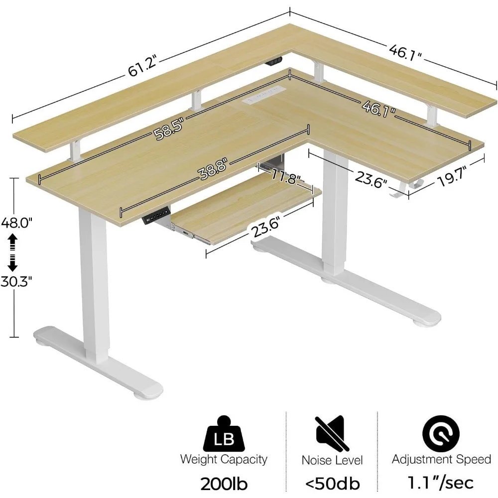 Biurko stojące w kształcie litery L z oświetleniem LED i gniazdem elektrycznym, elektryczne biurko stojące z podwójnym silnikiem i regulacją wysokości