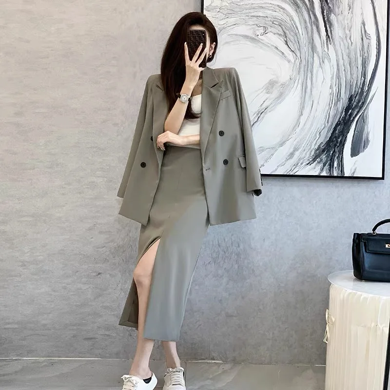 Spring and Autumn Solid Color Skirt Suit Female Long-sleeved Double-breasted Blazer & High Waist Open Pencil Skirt Female Suit