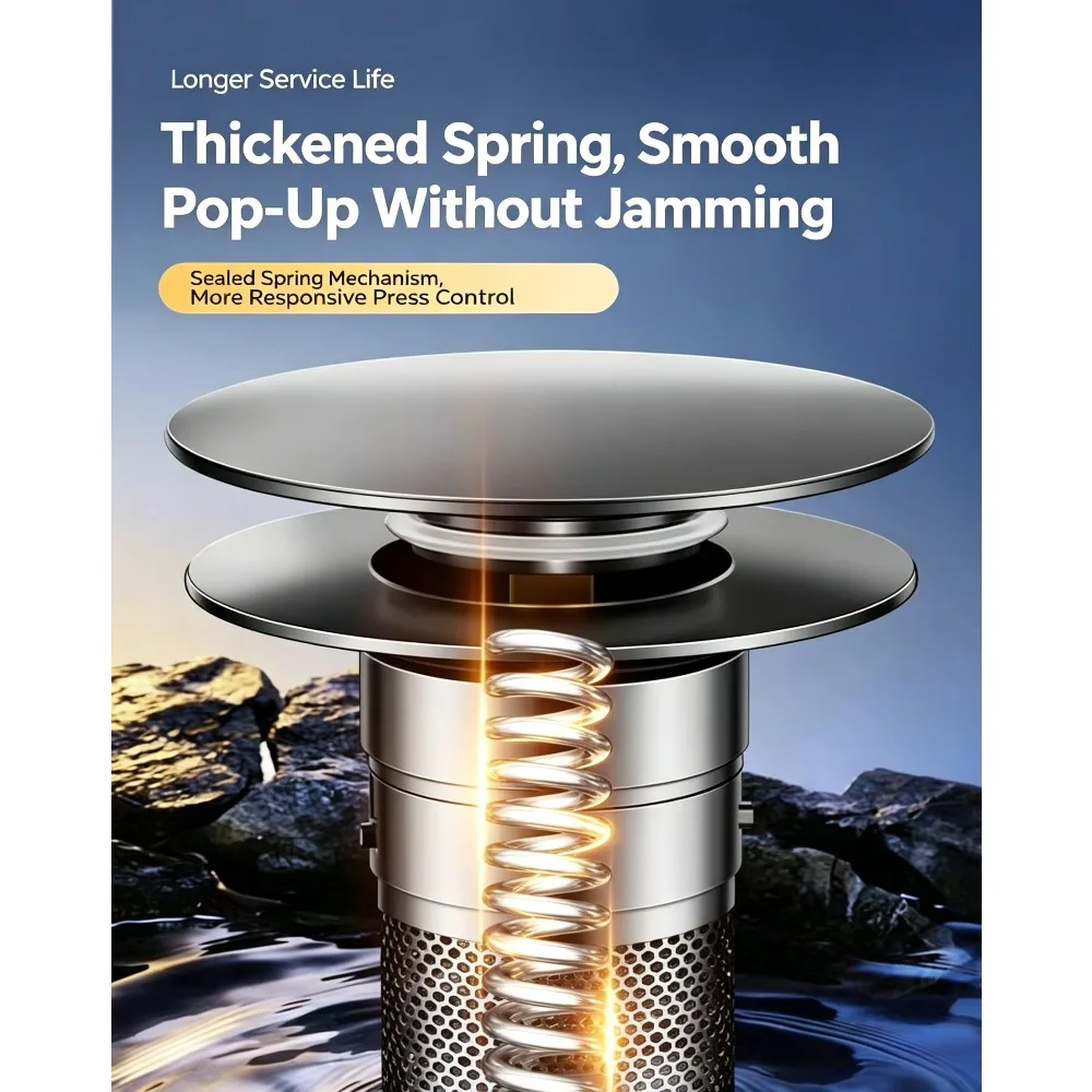 Upgraded Pop-Up Sink Drain Stopper, Thick Brass Core, Detachable Filter, Anti-Odour Anti-Clog, One-Touch Seal for All Basins