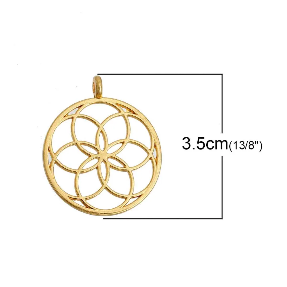 DoreenBeads Flower of Life Alloy Seed Of Life Pendants Round Gold Color Hollow Charms DIY Necklace Jewelry35mmx 30mm,5PCs