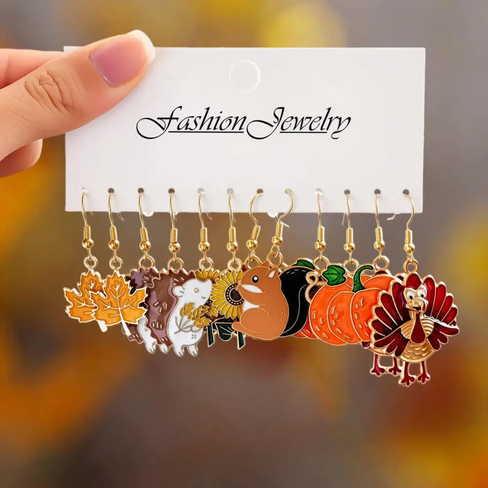 6/12Pairs Thanksgiving Fall Dangle Earrings Set Turkey Maple Leaf Squirrel Acorn Enamel Drop Earrings Women Holiday Party Gift view 5