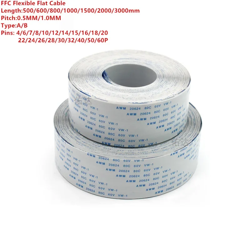 Fpc Ffc Awm 20624 80c 60v Vw-1 Flexible Flat Cable A/b Type Ribbon Wire 500/1000/2000mm  4p/6/8/10/12/14/16/20/26/30/40/50/60pin