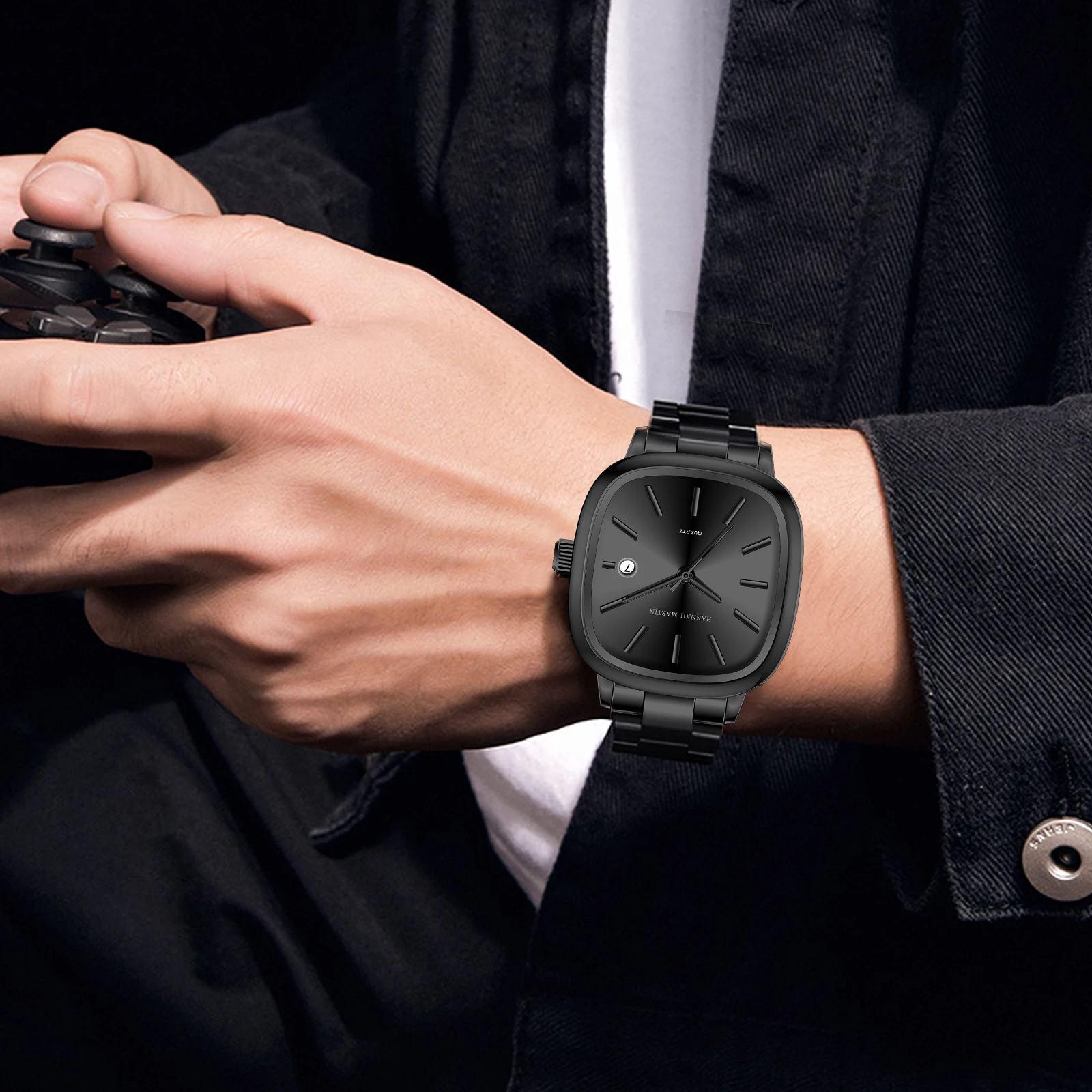 Japanese Movement Square Fashion Stainless Steel Strap Original Business Style Silver Black Waterproof 3Bar Quartz Watch for Men