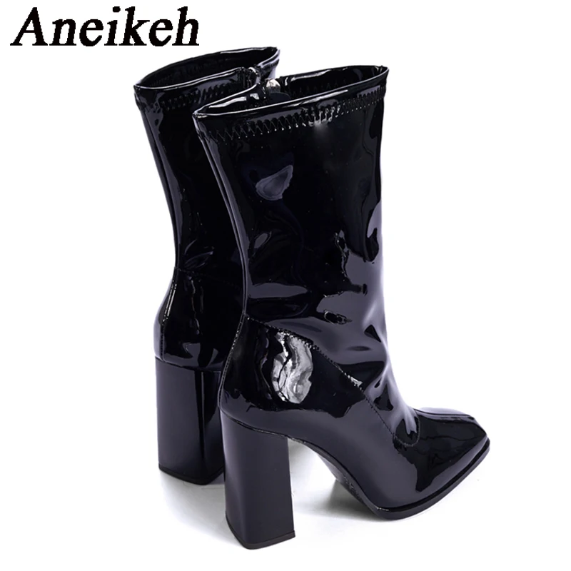 Aneikeh Autumn Winter Black Patent Leather Boots For Women Fashion Square Toe Zip Thick Heel Party Shoes Chelsea Ankle Booties