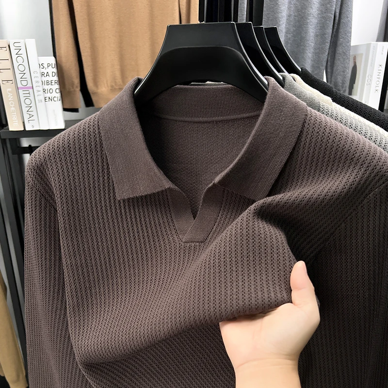 

Advanced fashion knitted long sleeve T-shirt men men's lapel pullover autumn new luxur trendy classic casual solid color sweater