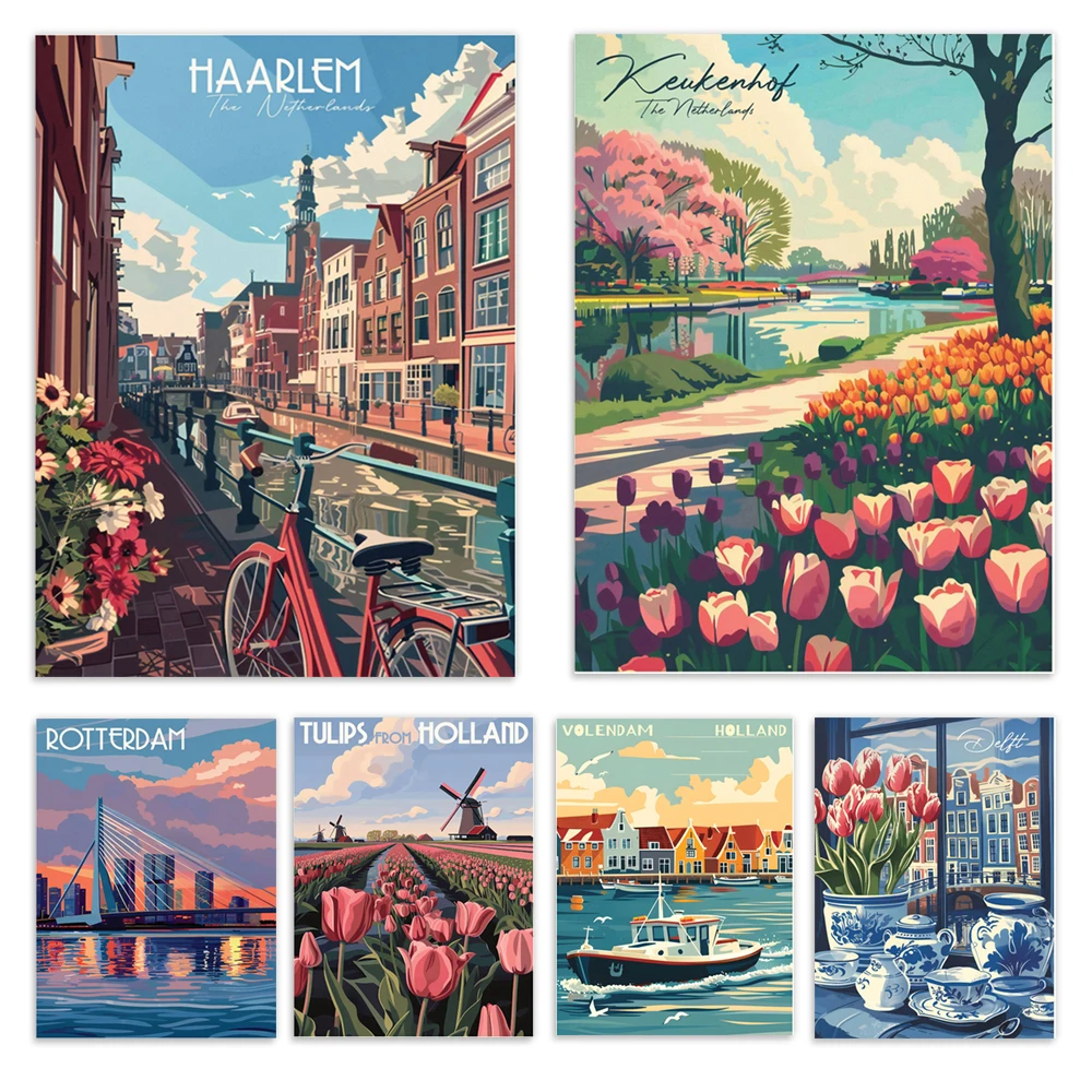 Netherlands Travel Poster with Volendam, Delft, The Hague, Amsterdam Canal, Rotterdam, Haarlem, Utrecht, Tulip Fields, Canvas