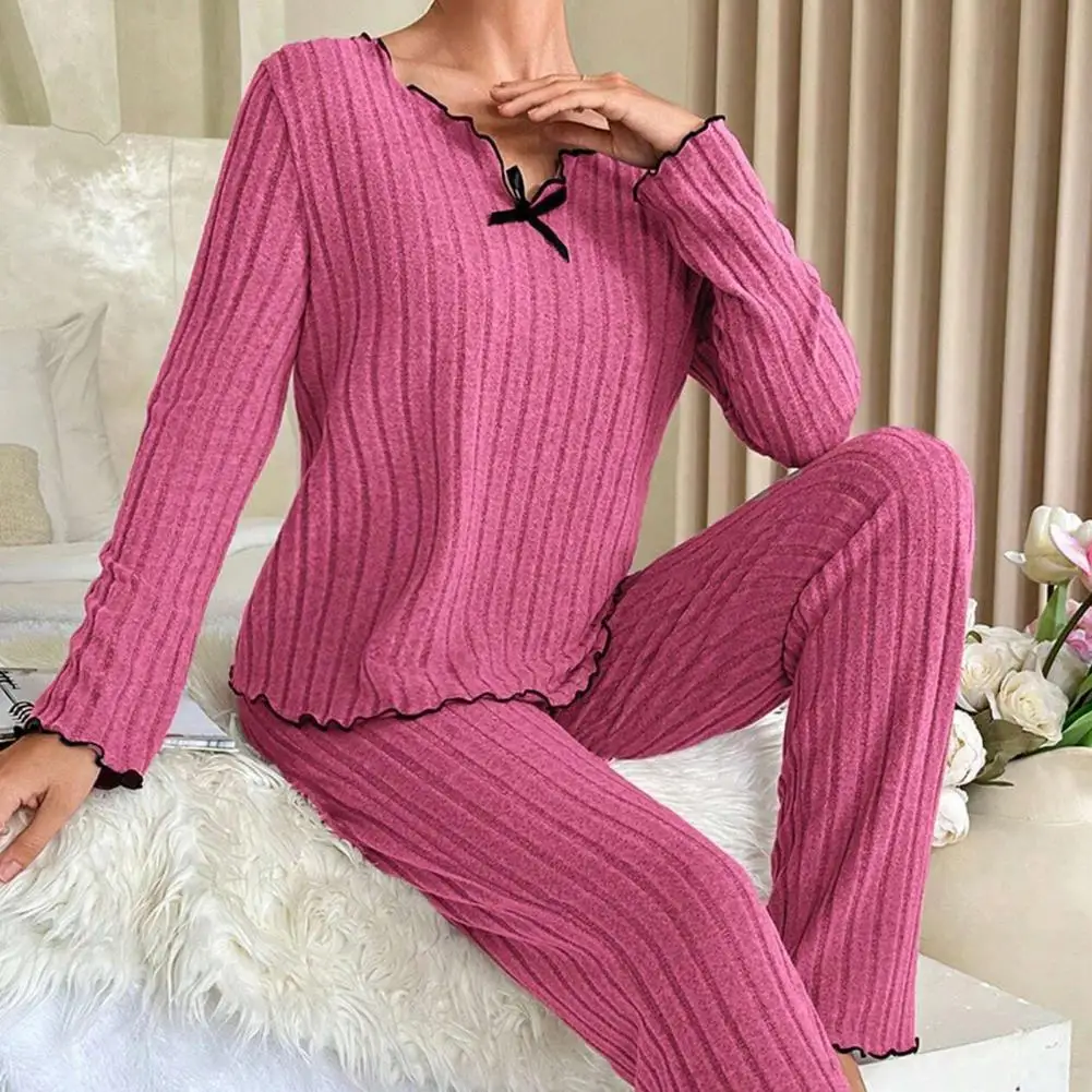 2 Pcs/Set Spring Women Pajamas Top Pants Suit Bow Shirring Decor Top Sleepwear Thread Pants Outfit Homewear Winter Pajamas Set