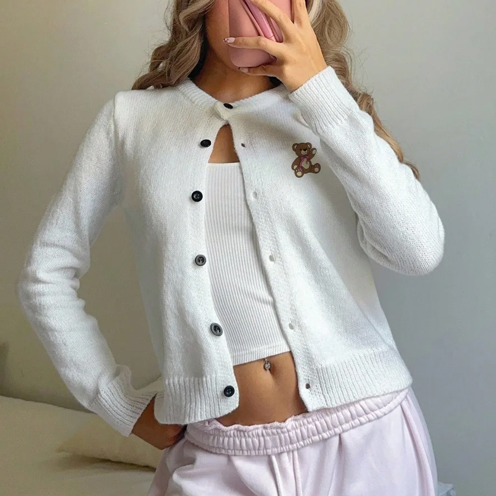 

Trendy Little Bear White Knitted Cardigan Sweater 2025 Spring and Autumn Women Sweet Loose Warm Soft Skin Friendly Casual Jacket