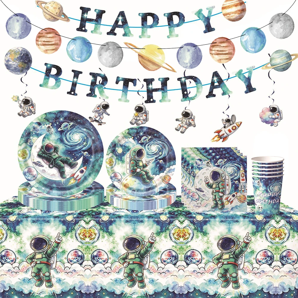 Outer Space Astronaut Birthday Party Supplies Tableware Paper Plates Cups Napkin Banner Tablecloth Solar System Party Decoration