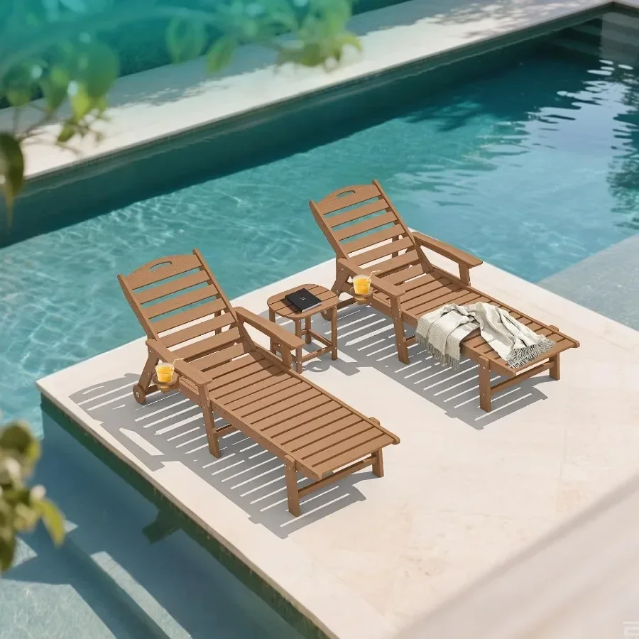 Oversized Patio Chaise Lounge Set of 2, 5 Positions Adjustable HDPE Outdoor Lounge Chair with Rolling Wheels and Cup Holder, Al