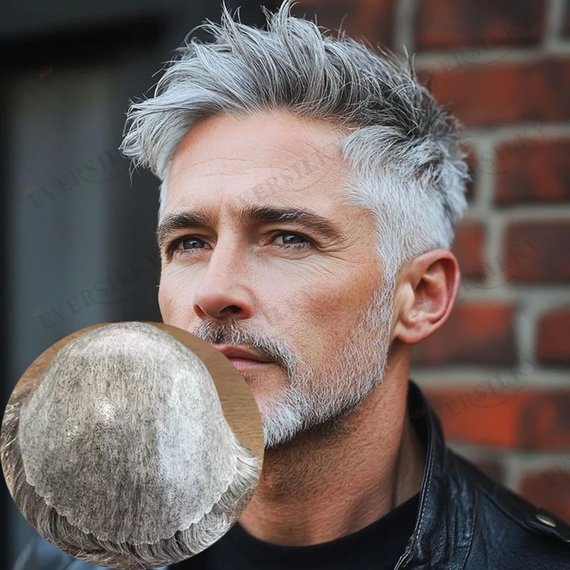 

Невидимый мужской парик-накладка из натуральных волос Poly Skin с естественной линией роста волос, оттенки 1B80, 1B30, серый, суперпрочный, на тонкой полиуретановой основе, система замещения волос для мужчин