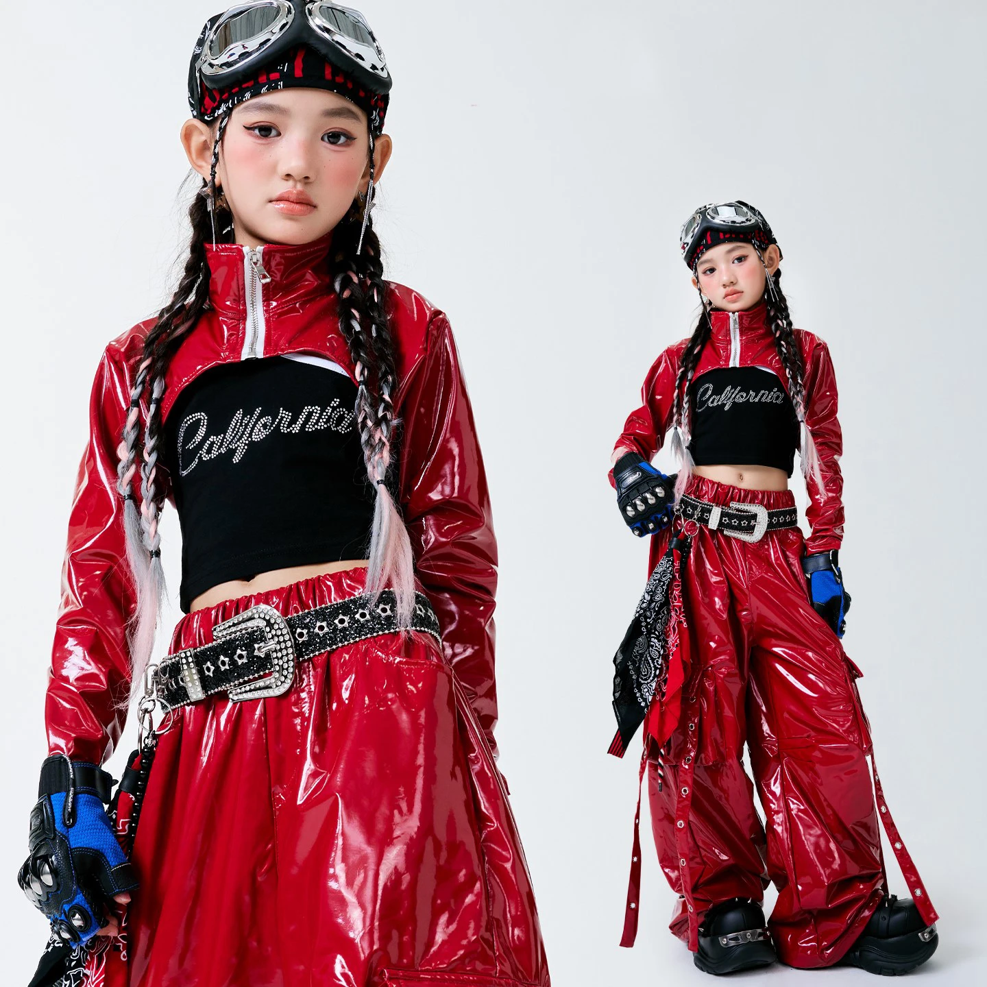 

New Girls Jazz Dance Costume Red Leather Tops Cargo Pants Navel Outfits Hip Hop Kids Street Dance Performance Clothes BL17657