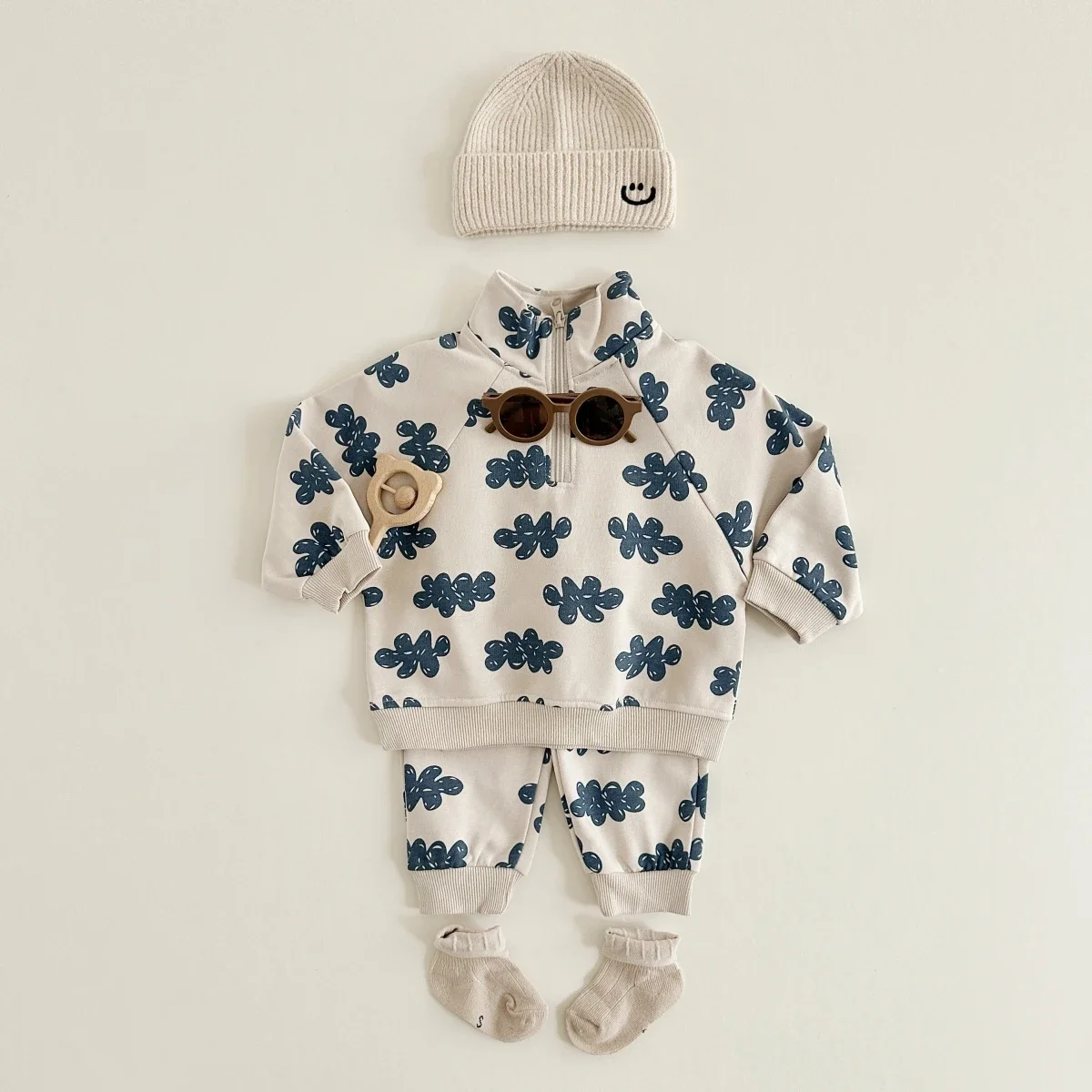 Spring Autumn Cute Set Baby Girls Fashion Cloud Print Zipper Pullover Tops + Cotton Sweatpants Boys Loose High Quality Tracksuit