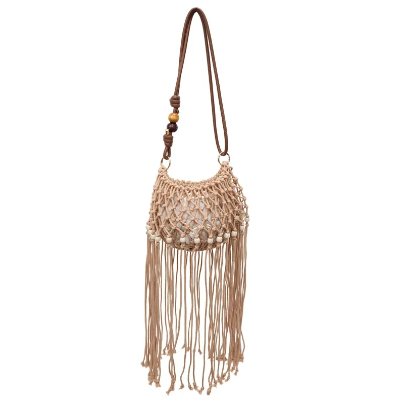 Hollow Fishing Net Knitting Crossbody Bags Handmade Crochet Hobo Tote Beaded Beach Bag Long Tassel Mesh Women Shoulder Bag