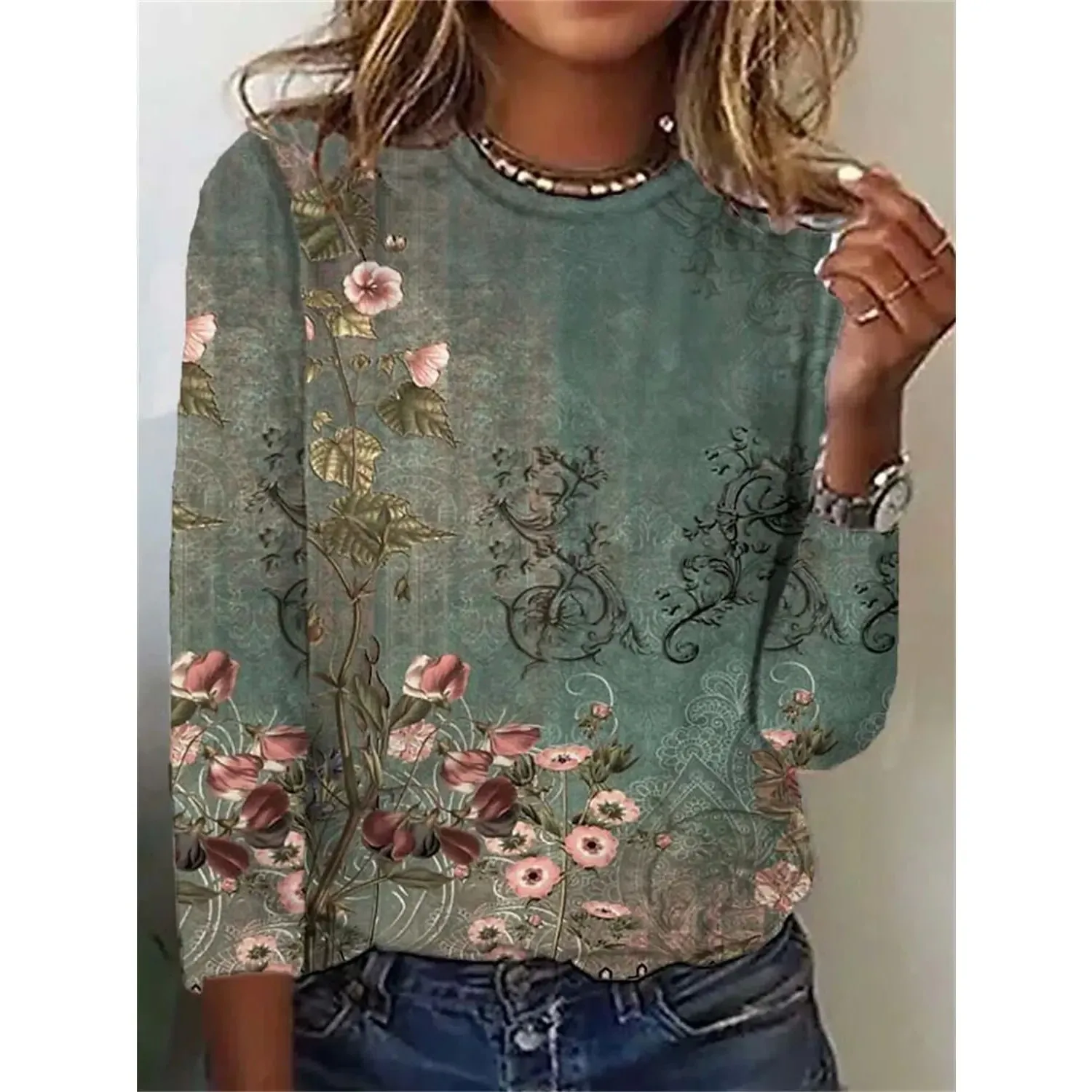新作 レディース 花柄 3Dプリント Tシャツ ワンネック カジュアルトップス 秋コレクション 00% その他素材 レディース ファッション シルク トップス