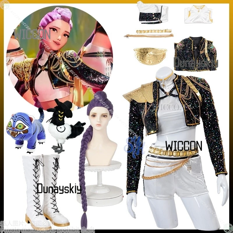 

Аниме Kpop Demon Косплей Huntrix Rumi для золотой сценической формы, черное пальто, белое мини-платье Kawaii Jirai Kei для девочек, Корея Idol Cos