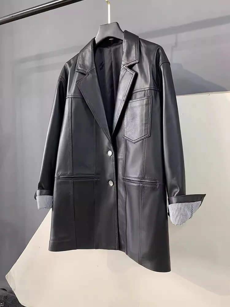 새로운 오피스 레이디스 천연 가죽 캐주얼 수트 재킷 싱글 브레스티드 루즈핏 미디엄 롱 코트 여성 패션 양가죽 블레이저