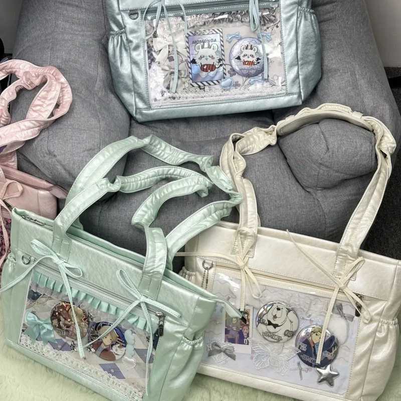 

Прозрачные японские сумки Itabags для девочек из искусственной кожи Y2k, большие сумки на плечо, большая вместительная сумка-тоут с лентой и бантами, дизайнерская сумка в стиле Лолиты