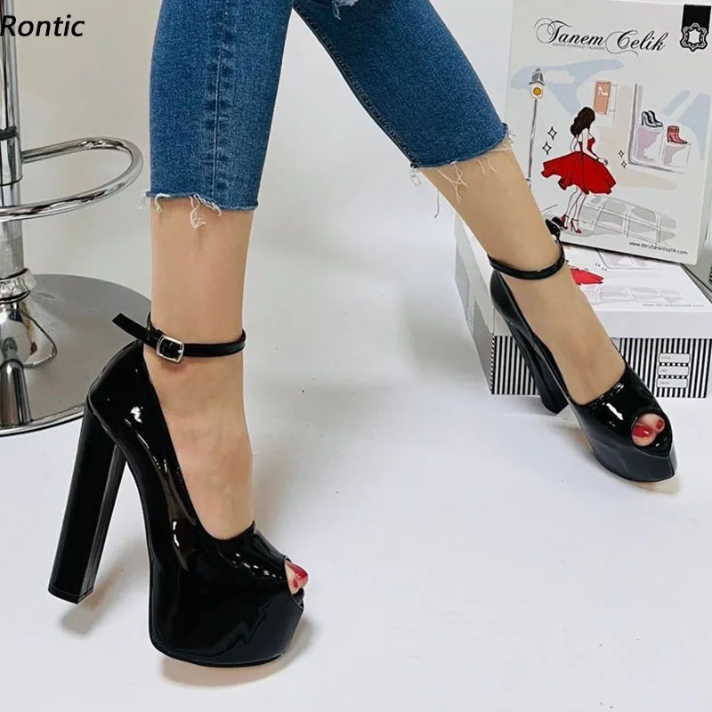 

Rontic/женские весенние туфли-лодочки ручной работы на платформе, элегантные черные вечерние туфли на массивном высоком каблуке с открытым носком, размер США 5-20