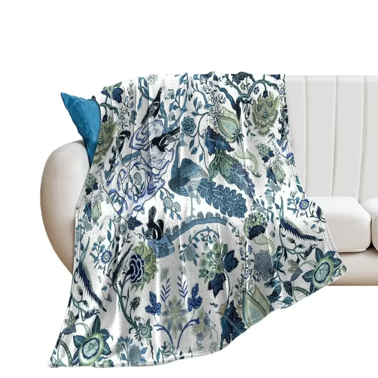 

Chinoiserie Blue, chintz, blues, greens, birds and florals Throw Blanket Flannels funny gift Blankets