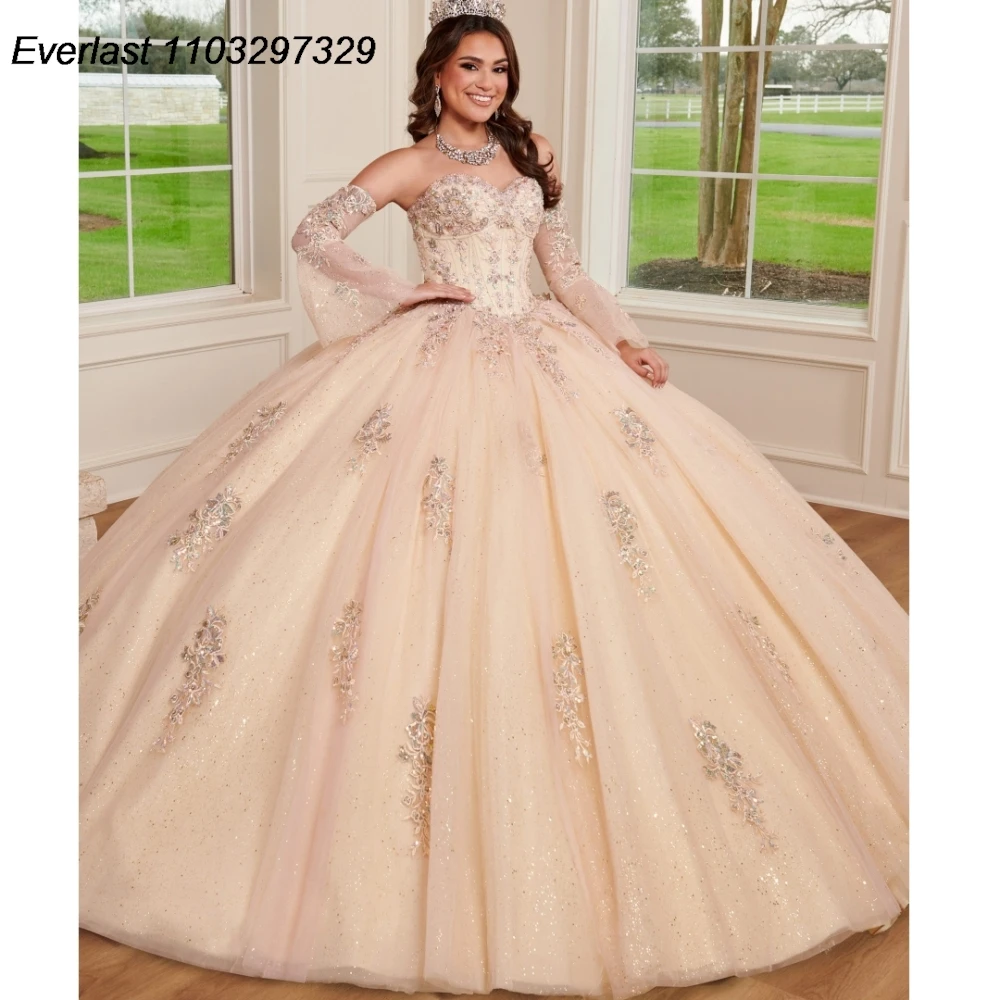 EVLAST 2024 Champagne Quinceanera Dress Ball Gown Lace Applique Beading Puffy Sleeve Corset Sweet 16 Vestido De 15 Anos TQD465