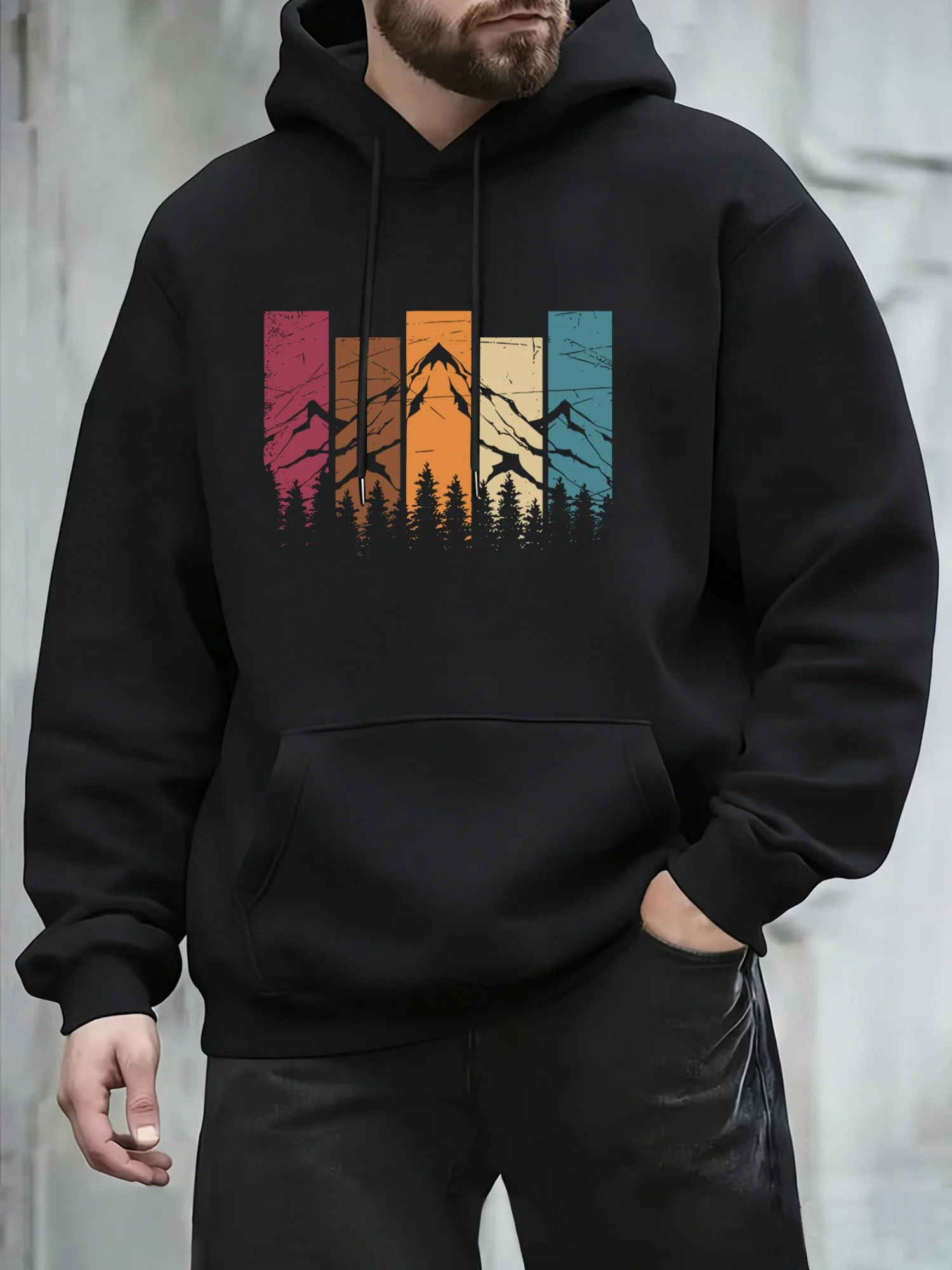 Men's Streetwear Hoodie Retro Gradient Mountain & Forest Print Black Oversized Pullover Sweatshirt Hip Hop Casual Top