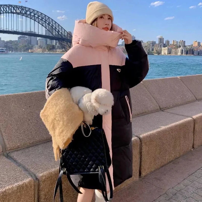 90 Chaqueta larga cálida de plumón de pato blanco para mujer, chaquetas largas con capucha de invierno para mujer, abrigos acolchados a rayas empalmados, Parka