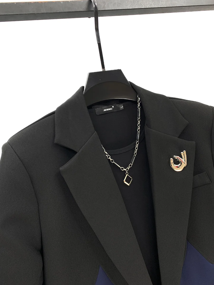 Trendy Splicing Contrast Color Blazers Men's 2025 New Loose Design Shoulder Padded Suit Jackets Male Long Sleeve Personality Top