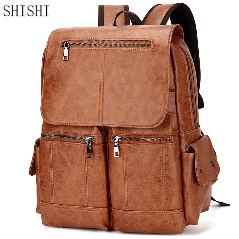 High Quality PU Leather Men's Vintage School For Boys Large Capacity Laptop Bag Multifunction Man Travel Backpack