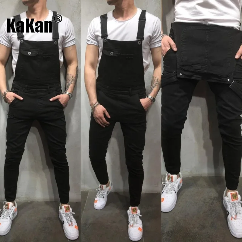 Kakan - European and American New Strap Pants Jeans for Men, Vintage Chest Pocket Black One Piece Work Jeans K34-103