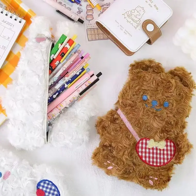 Kawaii Soft Plush Pen Bag Bear Rabbit Pencil Cases Cute Lightweight Large Capacity Pencil Pouch Organizer School Stationeries