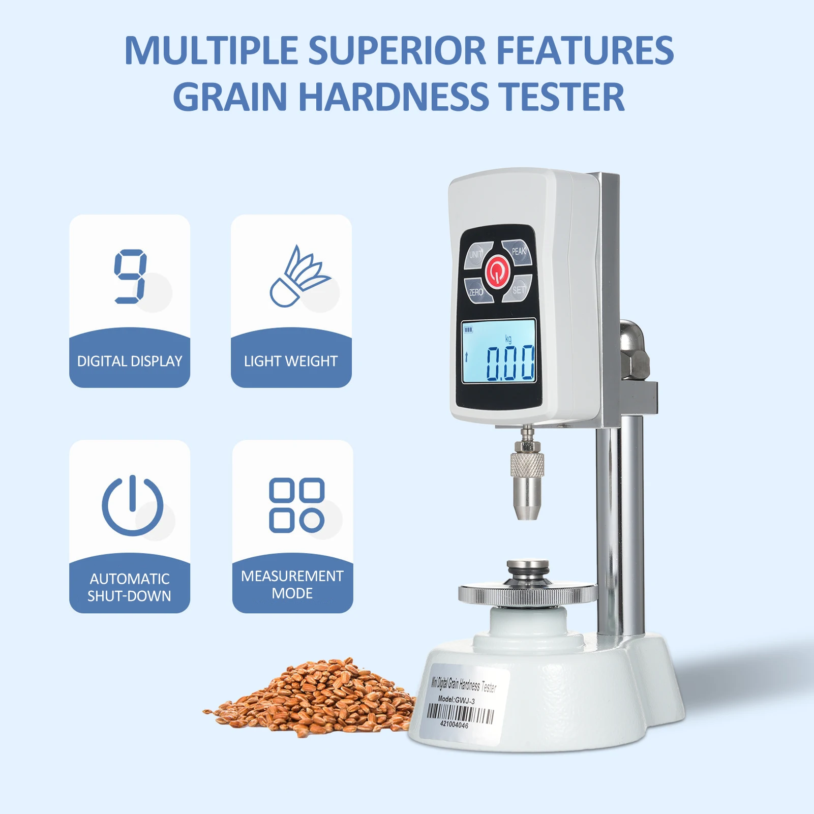 GWJ-3 جهاز اختبار صلابة الحبوب الرقمية للحبوب واحدة جهاز اختبار صلابة الأرز الصغير لتغذية البذور وحبوب الأرز أقصى قيمة تحميل 20 كجم