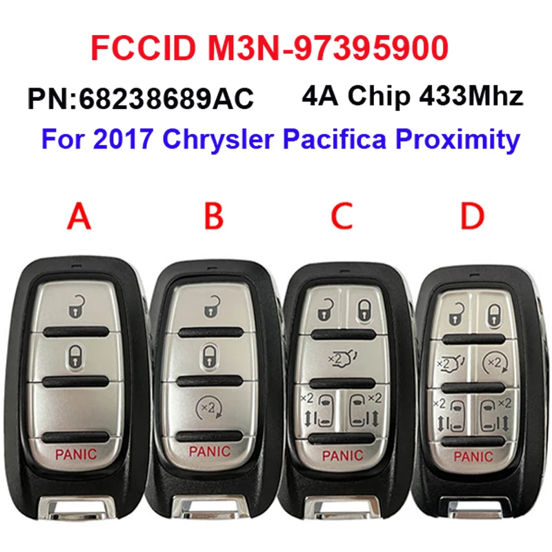 CN015055 Aftermarket Car key fob For 2017 Chrysler Pacifica Proximity Keyless Remote 4A Chip 433Mhz FCC M3N-97395900 68238689AC