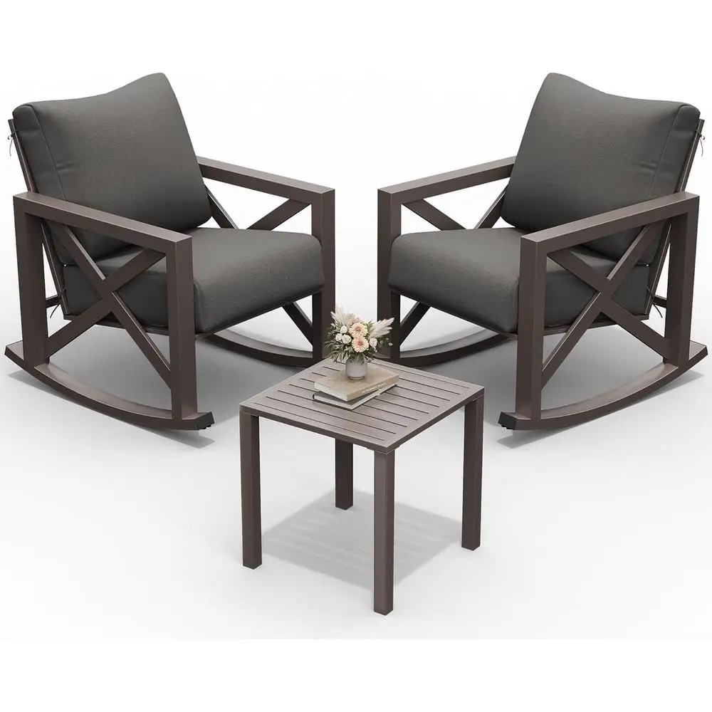 

3-Piece Metal Outdoor Rocking Chair Set with Coffee Table and Water-Resistant Cushions, Durable for Patio, Porch, or Balcony, Gr